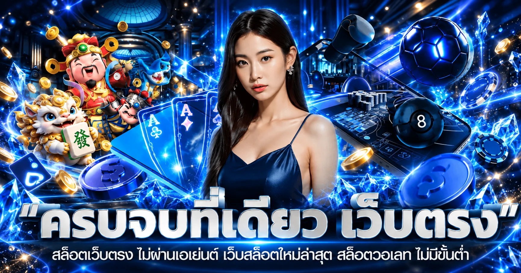 แบนเนอร์ MGT2 รวมคาสิโน สล็อต และเกมกีฬาโทนสีน้ำเงิน